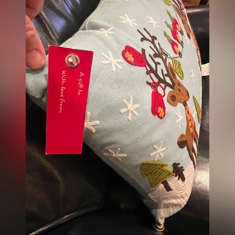 NWT Reindeer Christmas Crewel Throw Pillow Devi Designs